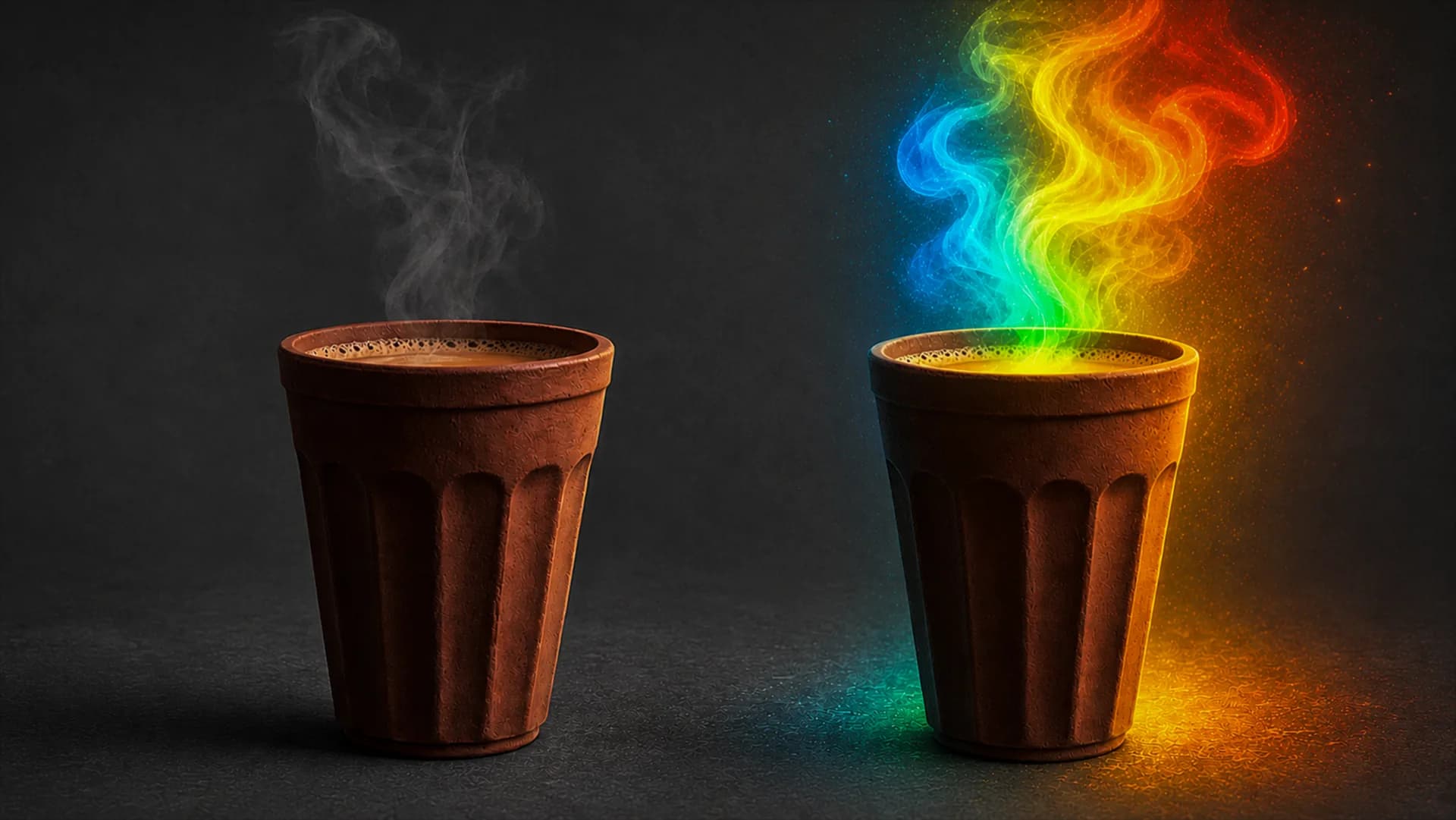 Two clay chai cups side by side. One gives off plain grey steam, the other glows with rainbow coloured steam.