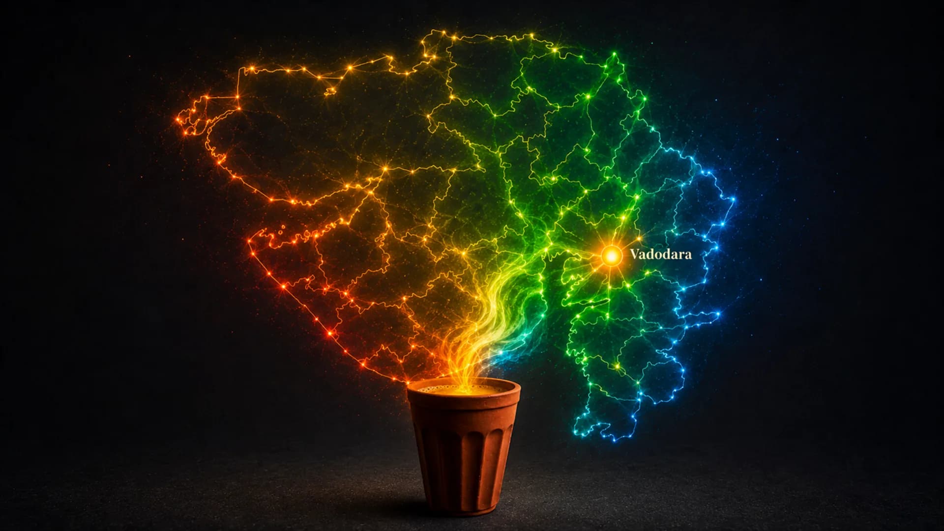 A map of Gujarat drawn in glowing light, rising like steam from a clay chai cup, with Vadodara the brightest point on it.