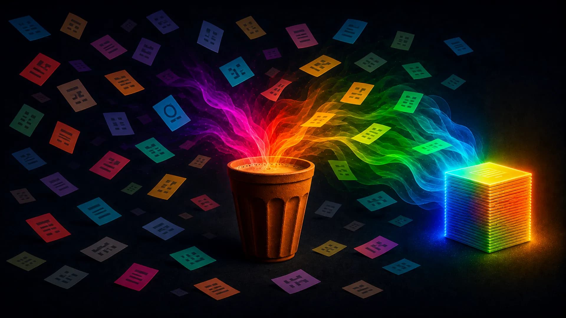 Dim, scattered cards drift around a clay chai cup, then resolve into a single neatly aligned glowing stack.